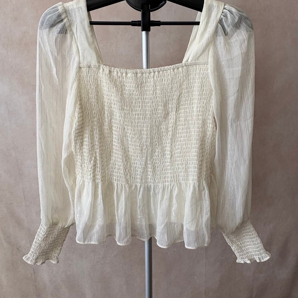 Nine West Daisy Dew Smocked Cream Ivory Blouse Women's Size Medium